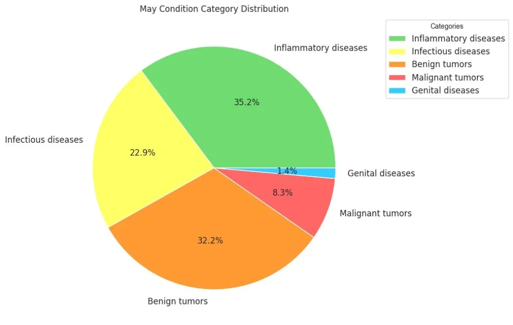 Pie chart showing distribution of skin condition categories detected by AutoDerm in the myGP app during May 2024, broken down into Inflammatory diseases, Benign tumors, Infectious diseases, Malignant tumors, and Genital diseases