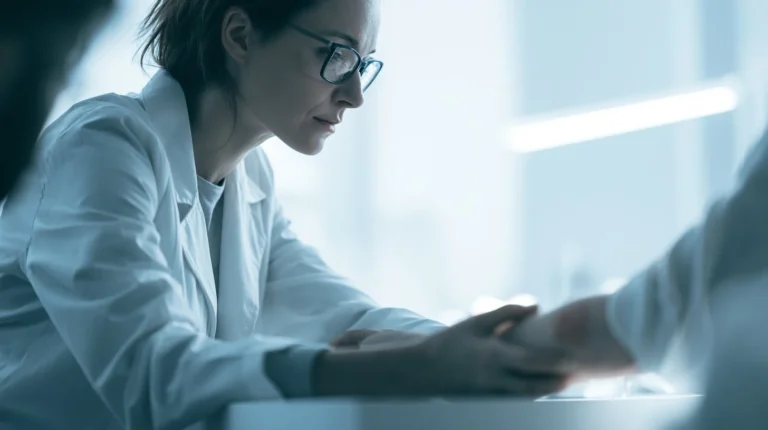 Female dermatologist in white coat closely examining a patient's forearm during a skin disease screening consultation
